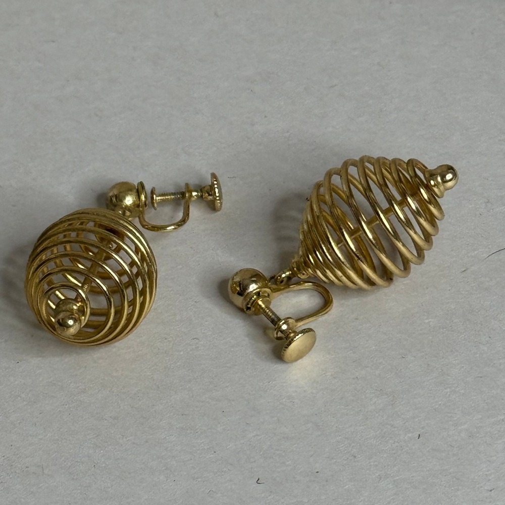 Vintage Wire Cage Spiral Drop Screw Back Earrings Gold Tone